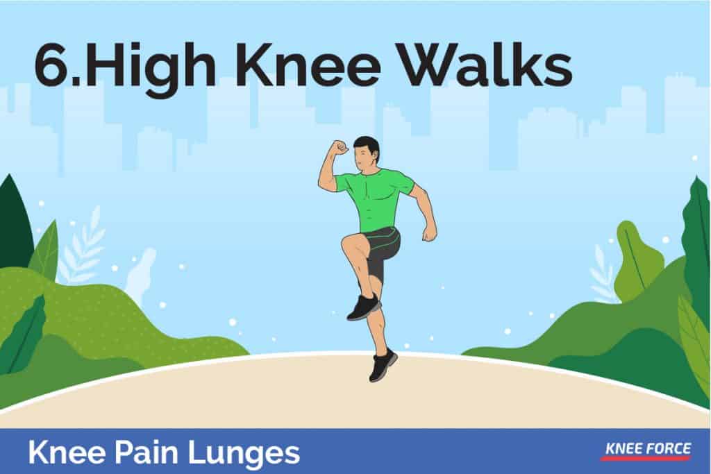 o do high knee walks bring your knee up to a 90-degree angle and then bring your foot back down to the ground in a walking motion. Do not go too fast or hold for too long.